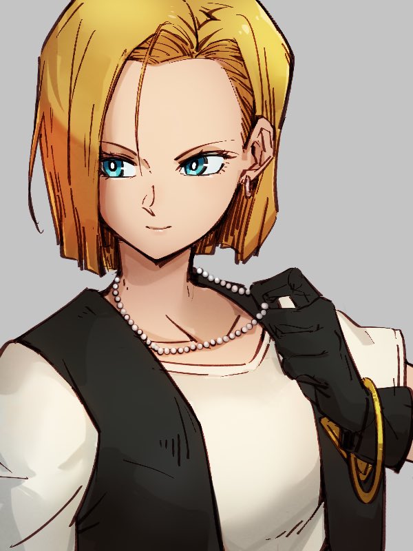 1girl android_18 black_gloves blonde_hair blue_eyes bracelet closed_mouth dragon_ball dragon_ball_z earrings gloves grey_background jewelry kemachiku looking_to_the_side necklace short_hair simple_background smile upper_body