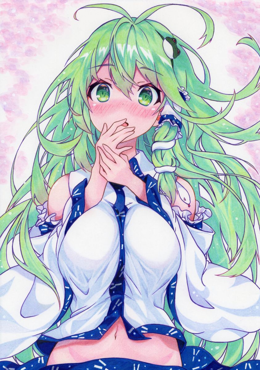 1girl antenna_hair bangs belly blue_dress blue_skirt blush breasts collared_shirt commentary_request covering_mouth detached_sleeves dress eyebrows_visible_through_hair floating_hair frilled_sleeves frills frog frog_hair_ornament gohei green_eyes green_hair hair_ornament hair_tubes hand_on_another's_hand highres japanese_clothes kittona kochiya_sanae large_breasts lavender_background long_hair looking_at_viewer miko navel nontraditional_miko nose_blush open_mouth ribbon-trimmed_sleeves ribbon_trim shirt skirt sleeveless sleeveless_shirt snake snake_hair_ornament solo surprised touhou traditional_media watercolor_pencil_(medium) white_shirt wide_sleeves