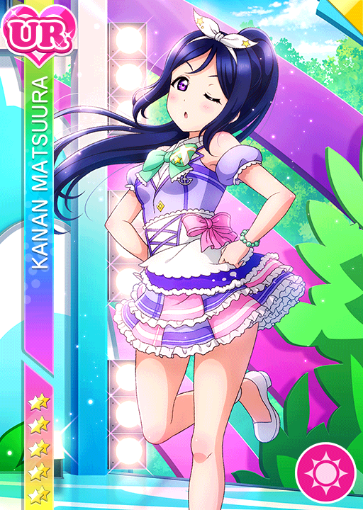 blue_hair blush character_name dress long_hair love_live!_school_idol_festival love_live!_sunshine!! matsuura_kanan ponytail violet_eyes wink