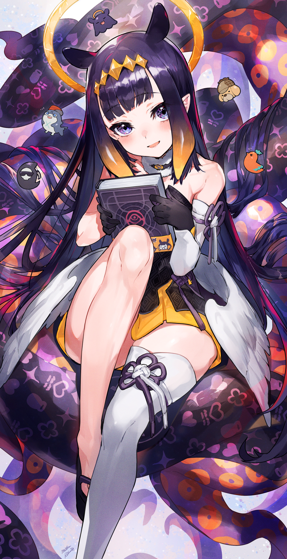 1girl bangs bare_shoulders bird black_dress black_gloves blue_eyes blunt_bangs blush book chibi chick commentary_request detached_sleeves dog dress fur_collar ghost gloves halo highres holding holding_book hololive hololive_english knee_up long_hair looking_at_viewer low_wings mascot mika_pikazo mole mole_under_eye monster_girl ninomae_ina'nis octopus open_mouth pointy_ears purple_hair shark single_detached_sleeve single_thighhigh sitting smile solo strapless tentacle_hair tentacles thigh-highs tiara virtual_youtuber white_legwear wings