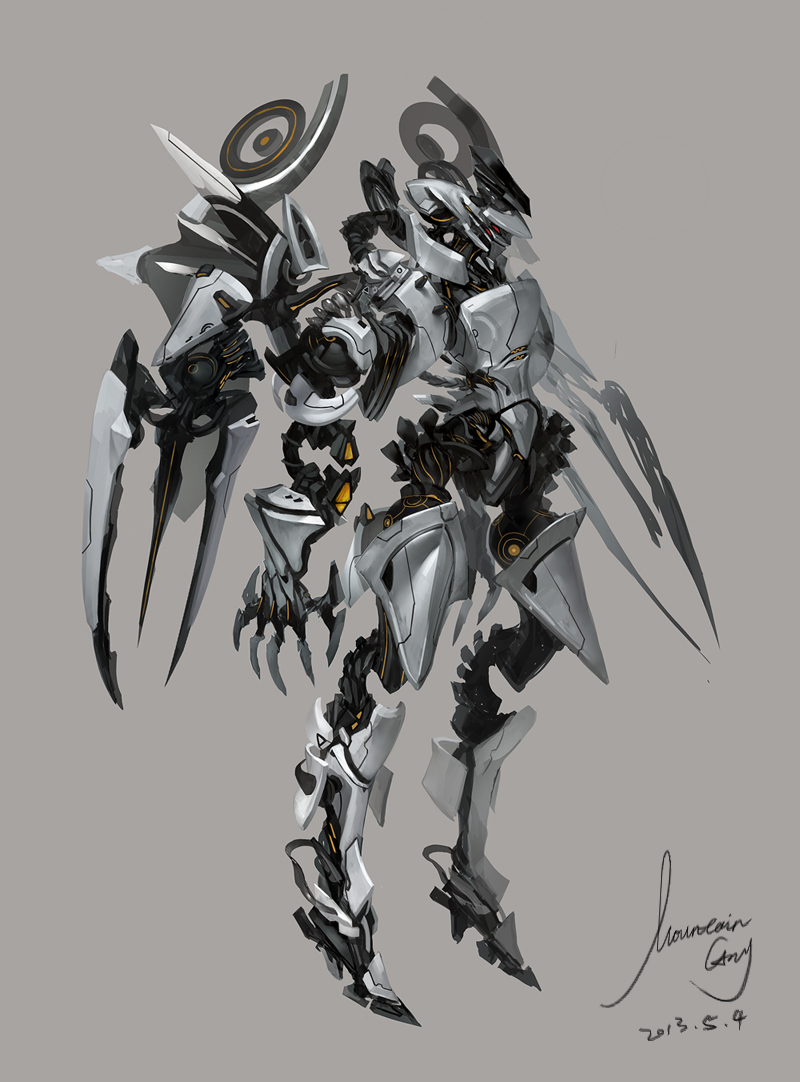 artist_name dated extra_eyes floating grey_background konghai_shanren mecha no_humans open_hands original red_eyes solo