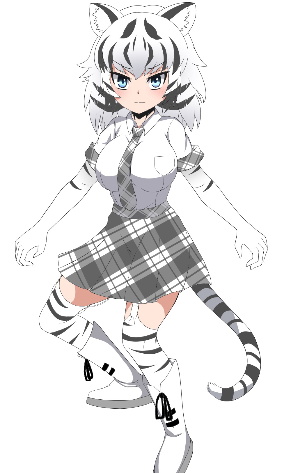 1girl animal_ears black_hair blue_eyes blush boots breasts elbow_gloves eyebrows_visible_through_hair full_body gloves highres kemono_friends large_breasts looking_at_viewer multicolored_hair plaid_neckwear plaid_trim simple_background solo tail tiger_ears tiger_tail tsuchinokonoko two-tone_hair white_background white_gloves white_hair white_tiger_(kemono_friends) white_tiger_print