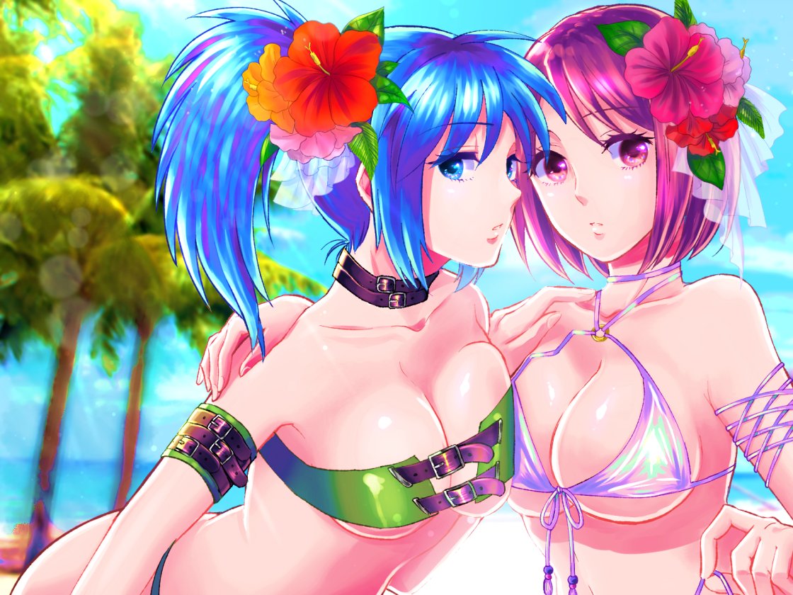 2girls 6hana_rikka bangs beach bikini blue_eyes blue_hair blurry blurry_background breast_press breasts brown_eyes brown_hair choker flower hair_flower hair_ornament large_breasts leona_heidern looking_at_viewer multiple_girls o-ring o-ring_top palm_tree ponytail short_hair swimsuit the_king_of_fighters tree whip_(kof)