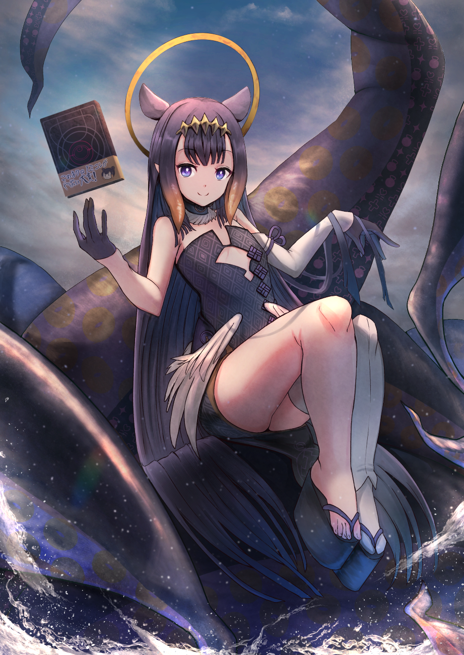 1girl anemone_noa blue_eyes book breasts dress gloves halo highres hololive hololive_english long_hair looking_at_viewer ninomae_ina'nis pointy_ears purple_hair solo tentacles thick_thighs thighs very_long_hair virtual_youtuber