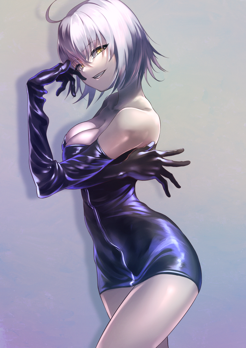 1girl ahoge bangs bare_shoulders black_dress black_gloves breasts dress elbow_gloves eyebrows_visible_through_hair fate/grand_order fate_(series) gloves grin hair_between_eyes jeanne_d'arc_(alter)_(fate) jeanne_d'arc_(fate)_(all) kainownill large_breasts leather leather_gloves looking_at_viewer short_dress short_hair silver_hair smile smirk solo strapless strapless_dress wicked_dragon_witch_ver._shinjuku_1999 yellow_eyes