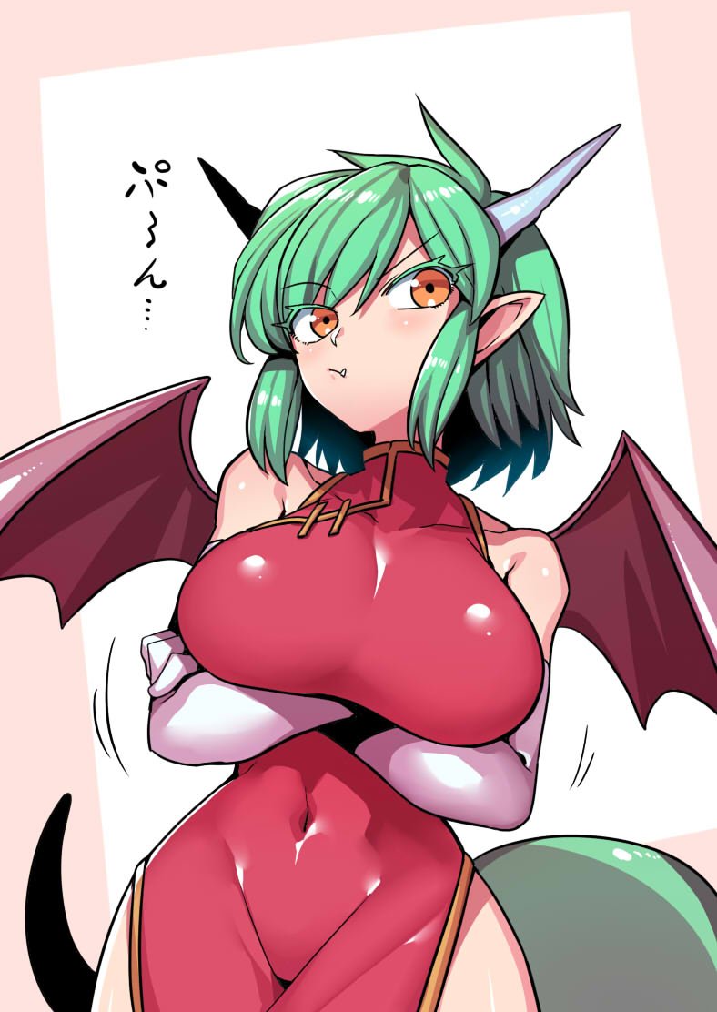 1girl breasts china_dress chinese_clothes closed_mouth commentary_request draco_centauros dragon_girl dragon_horns dragon_tail dragon_wings dress green_hair horns madou_monogatari puyopuyo short_hair solo tail tukiwani wings