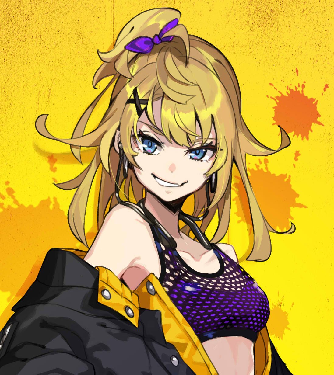 1girl bare_shoulders black_jacket blonde_hair blue_eyes bow bra earphones fang hair_bow hair_ornament hairclip highres jacket looking_at_viewer off-shoulder_jacket one_side_up original pokimari purple_bow purple_bra skin_fang smile smug solo sports_bra underwear upper_body x_hair_ornament yellow_background