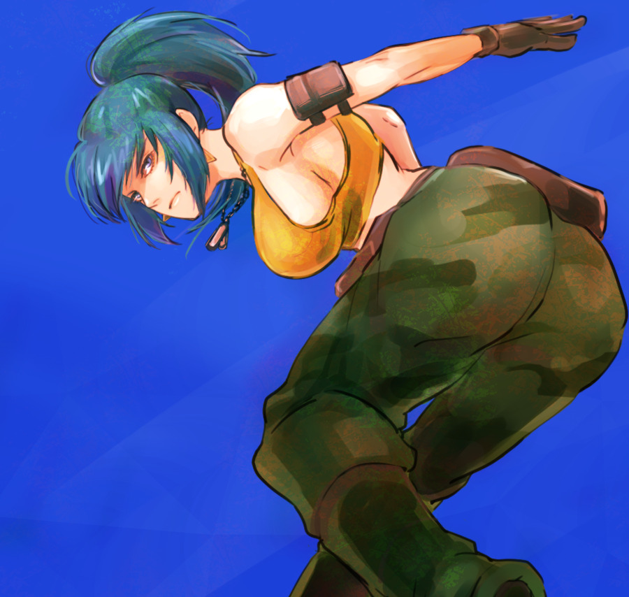 1girl ass bangs blue_background blue_eyes blue_hair breasts camouflage cargo_pants closed_mouth dog_tags earrings jewelry leona_heidern military military_uniform mojyavoltage6 pants ponytail pouch serious sideboob soldier solo tank_top the_king_of_fighters the_king_of_fighters_xiv triangle_earrings twisted_torso uniform yellow_tank_top