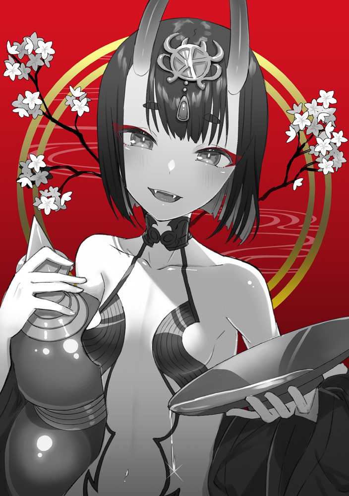 1girl 90kyuuri alcohol bangs bare_shoulders bob_cut breasts collarbone cup eyeliner fangs fate/grand_order fate_(series) gourd gradient gradient_background headpiece horns japanese_clothes kimono long_sleeves looking_at_viewer makeup navel off_shoulder oni oni_horns open_clothes open_kimono open_mouth pouring red_background revealing_clothes sakazuki sake short_hair shuten_douji_(fate/grand_order) skin-covered_horns small_breasts smile wide_sleeves