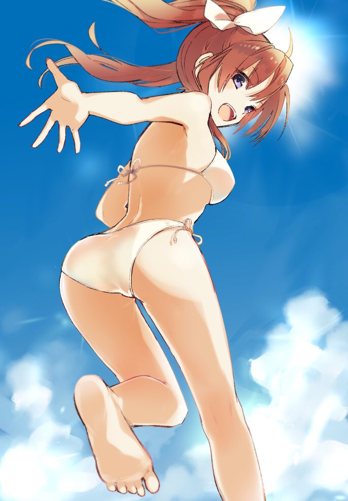 1girl ahoge bikini blue_sky brown_hair clouds commentary_request feet_out_of_frame from_behind grey_eyes hair_ribbon kagerou_(kantai_collection) kantai_collection long_hair looking_at_viewer looking_back open_mouth remodel_(kantai_collection) ribbon sky smile solo swimsuit twintails upper_teeth white_bikini white_ribbon yamashiki_(orca_buteo)