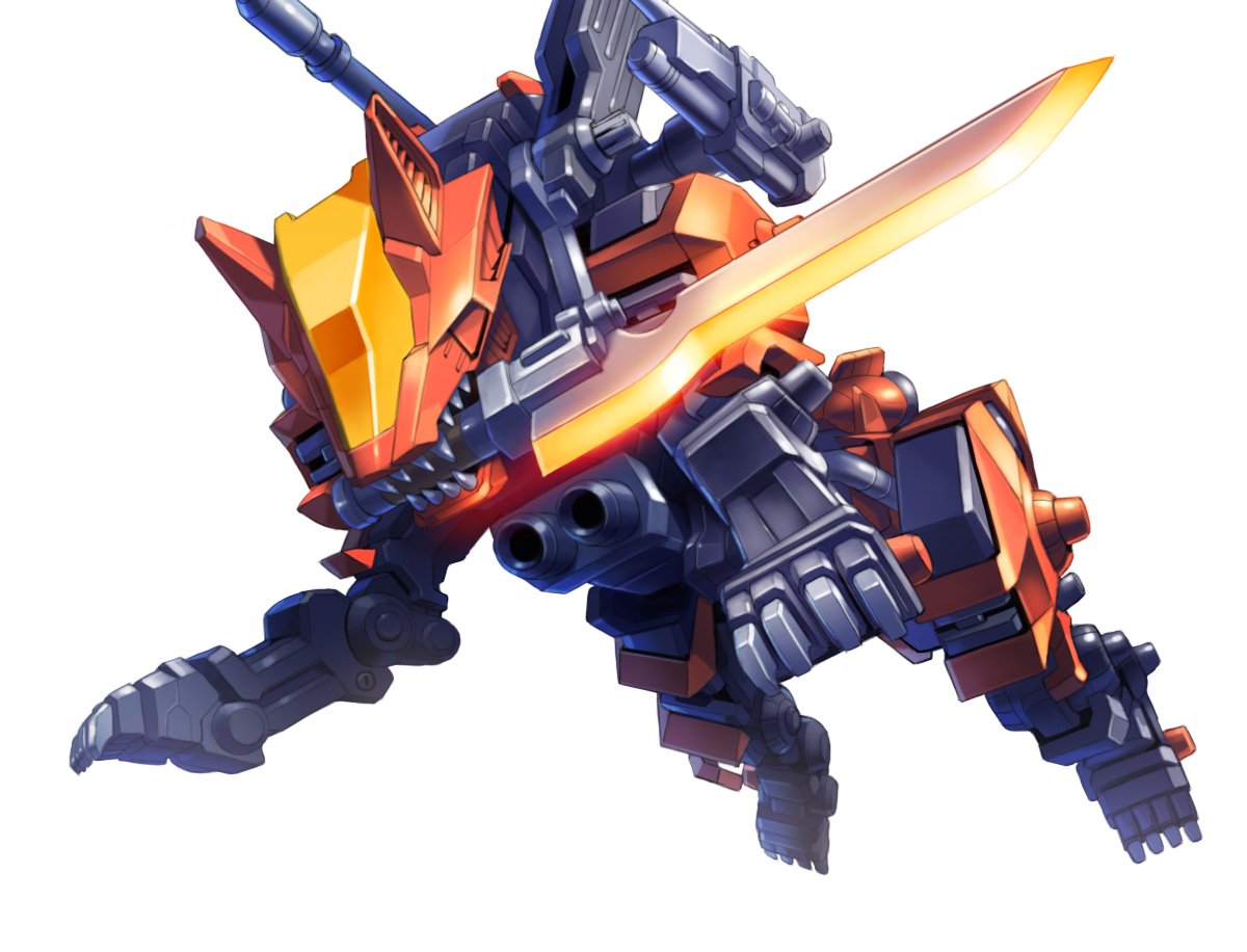 command_wolf from_below holding holding_sword holding_weapon jumping looking_down mecha no_humans solo sword taedu weapon white_background wolf zoids