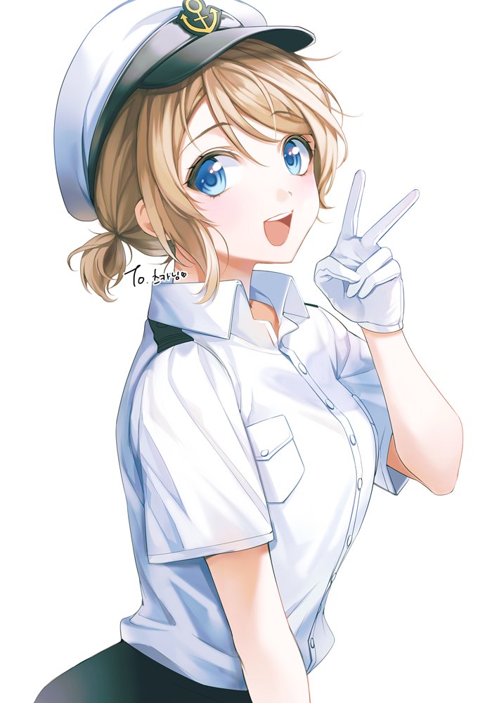 anchor blue_eyes buttons collarbone eyebrows_visible_through_hair gloves grey_hair hat looking_at_viewer love_live! love_live!_sunshine!! minori_(faddy) open_mouth pocket short_hair teeth v watanabe_you white_background white_gloves