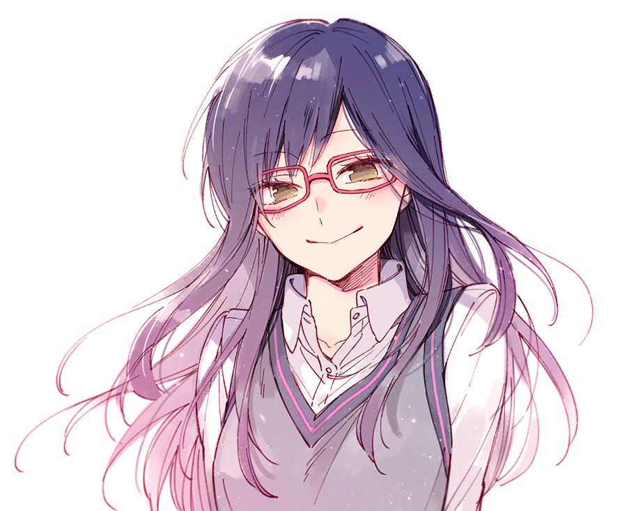 :&gt; bangs blush closed_mouth collared_shirt dress_shirt glasses green_eyes long_hair long_sleeves looking_at_viewer noeru_(putty) purple_hair red-framed_eyewear shirt simple_background smile sweater_vest upper_body usami_shiori white_background white_shirt world_trigger