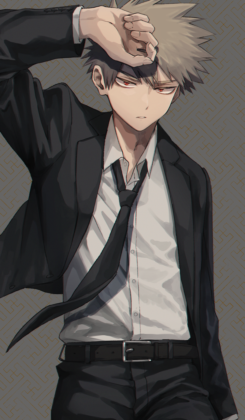 1boy akiyama_(noconoco) arm_up bakugou_katsuki belt belt_buckle black_belt black_jacket black_necktie black_pants blonde_hair boku_no_hero_academia buckle buttons collared_shirt commentary_request dress_shirt formal grey_background hair_between_eyes highres jacket lapels long_sleeves looking_at_viewer loose_necktie male_focus necktie open_clothes open_jacket pants parted_lips red_eyes shirt shirt_tucked_in short_hair simple_background solo spiky_hair suit v-shaped_eyebrows white_shirt wing_collar