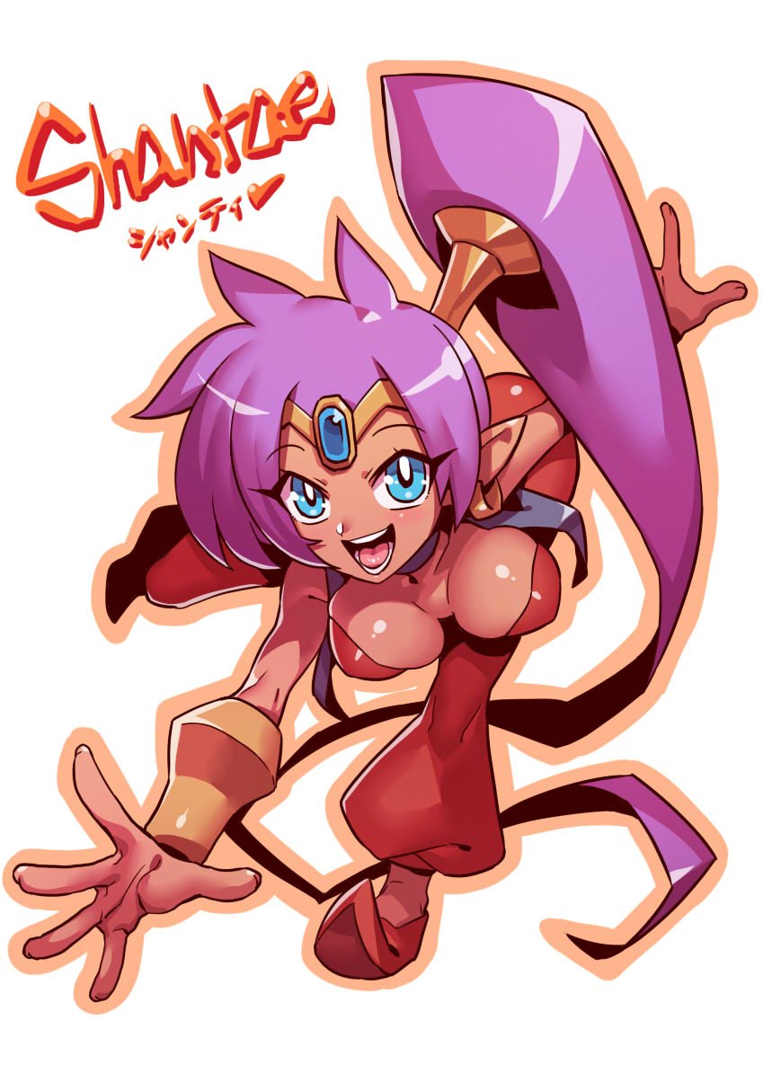 1girl blue_eyes breasts choker circlet commentary_request dark_skin earrings full_body harem_pants high_ponytail highres hoop_earrings jewelry long_hair looking_at_viewer open_mouth pants pointy_ears pointy_footwear ponytail purple_choker purple_hair red_footwear shantae_(character) shantae_(series) simple_background smile solo tiara tukiwani very_long_hair white_background