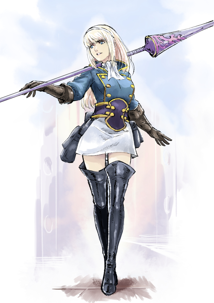 1girl blonde_hair blue_jacket boots brown_gloves character_request crossed_legs double-breasted final_fantasy final_fantasy_xiv gloves green_eyes hairband holding holding_weapon ishii_hisao jacket knee_boots lance metal_boots polearm skirt smile solo standing watson_cross weapon white_skirt