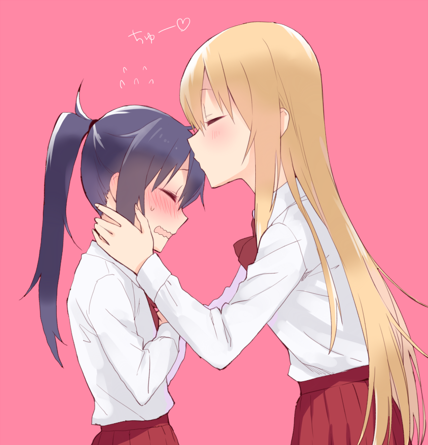 2girls bangs black_hair blonde_hair blush closed_eyes commentary_request doma_umaru flying_sweatdrops forehead_kiss from_side hands_on_another's_cheeks hands_on_another's_face height_difference hijiki_(hijikini) himouto!_umaru-chan kiss long_hair motoba_kirie multiple_girls open_mouth pink_background ponytail red_skirt school_uniform simple_background skirt sweatdrop very_long_hair wavy_mouth yuri
