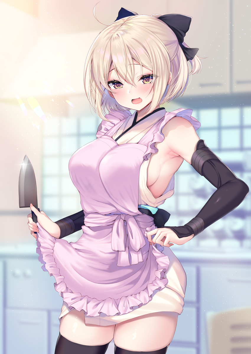 1girl ahoge apron apron_lift armor armpits ayuma_sayu bangs black_legwear blonde_hair blush bow breasts crossed_bangs eyebrows_visible_through_hair fate/grand_order fate_(series) frilled_apron frills glint hair_bow highres holding holding_knife japanese_armor japanese_clothes kimono kitchen kitchen_knife knife large_breasts looking_at_viewer low-cut_armhole obi obiage okita_souji_(fate) okita_souji_(fate)_(all) open_mouth pink_apron sash short_hair sideboob sidelocks skindentation sleeveless sleeveless_kimono solo thigh-highs thighs yellow_eyes