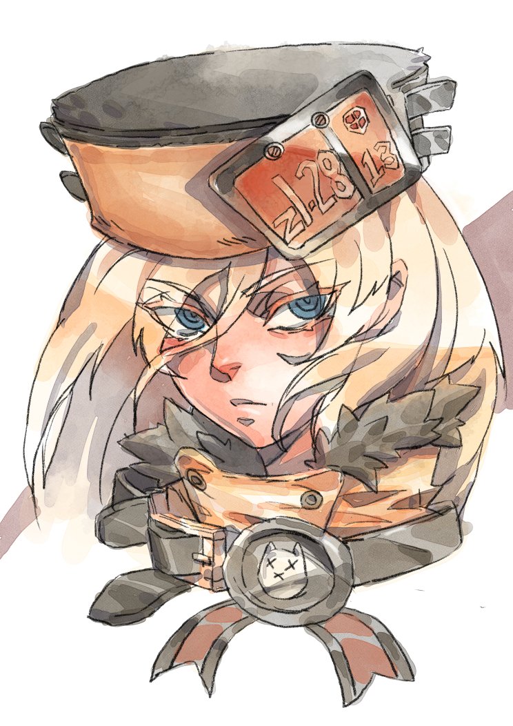 1girl belt blonde_hair blue_eyes closed_mouth commentary english_commentary eyes_visible_through_hair floating_hair guilty_gear guilty_gear_strive hat long_hair looking_at_viewer millia_rage portrait ringed_eyes serious solo white_background zakusi