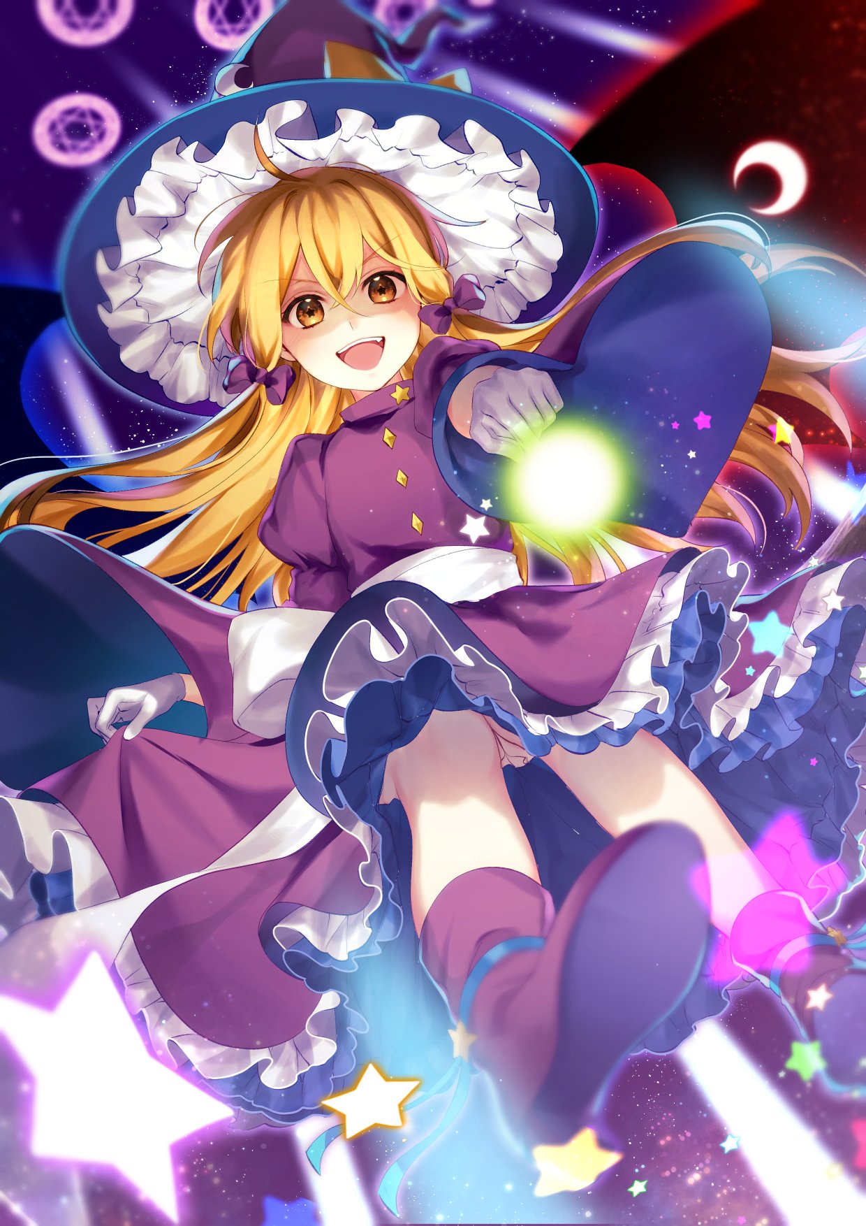 aurora blonde_hair boots bow crescent crescent_moon crescent_moon_pin dress dress_pull eyebrows_visible_through_hair frilled_dress frilled_hat frills full_body gloves hat highres holding holding_wand jill_07km juliet_sleeves kirisame_marisa kirisame_marisa_(pc-98) long_hair long_sleeves looking_at_viewer moon open_mouth puffy_sleeves purple_bow purple_dress ribbon skirt_hold star_(sky) touhou touhou_(pc-98) wand white_bow witch_hat yellow_eyes