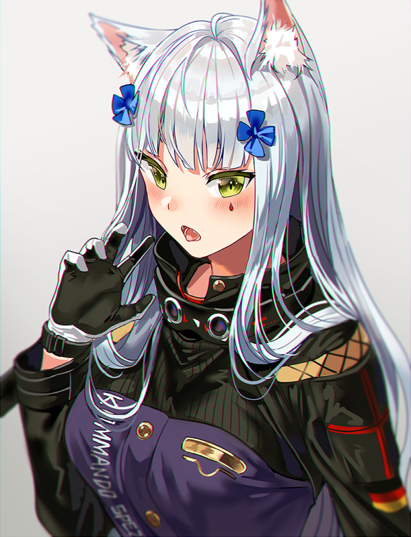 1girl animal_ear_fluff animal_ears bangs blunt_bangs blush breasts cat_ears fangs girls_frontline green_eyes hk416_(girls_frontline) kemonomimi_mode long_hair looking_at_viewer medium_breasts open_mouth sidelocks silence_girl silver_hair solo teardrop_tattoo tongue tongue_out very_long_hair