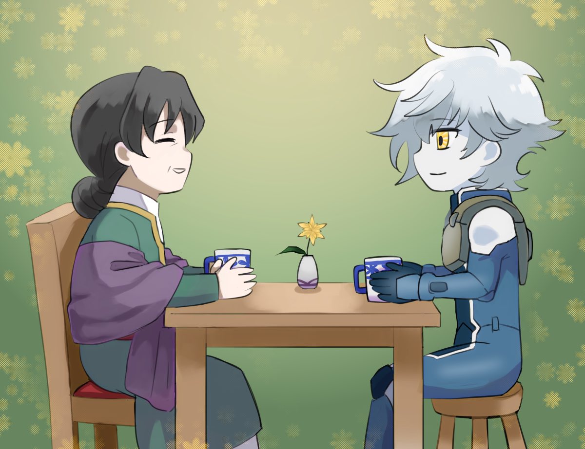 1boy 1girl black_hair chibi closed_eyes cup flower gundam gundam_00 gundam_00_a_wakening_of_the_trailblazer hair_bun holding holding_cup marina_ismail metal_skin mug old_woman older pilot_suit sakasa_dzuri setsuna_f_seiei sitting spoilers yellow_eyes