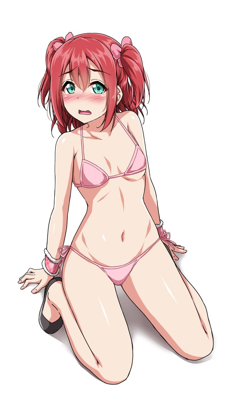 1girl arm_support bikini black_footwear bow breasts d: embarrassed full_body green_eyes hair_bow highres kneeling kurosawa_ruby looking_at_viewer love_live! love_live!_sunshine!! navel open_mouth pink_bikini pink_bow redhead shoes side-tie_bikini simple_background small_breasts solo swimsuit two_side_up white_background wristband yopparai_oni