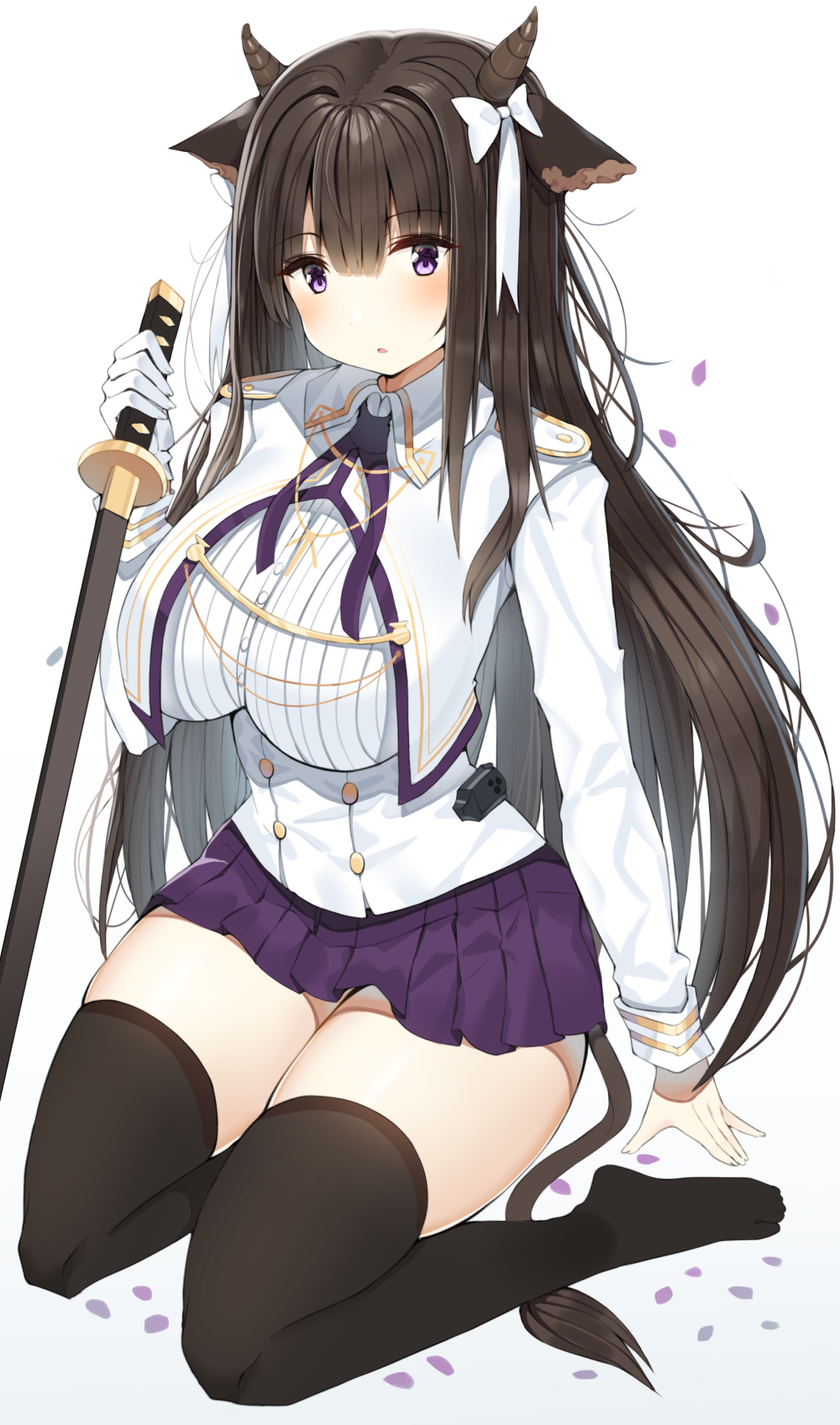 1girl animal_ears azur_lane bangs black_legwear blunt_bangs blush breasts brown_hair buttons collared_jacket commentary cow_ears cow_horns cow_tail cropped_jacket epaulettes eyebrows_visible_through_hair full_body gloves hair_between_eyes hair_ribbon highres holding holding_sword holding_weapon horns huge_breasts jacket kashino_(azur_lane) katana long_hair long_sleeves looking_at_viewer miamuly miniskirt neck_ribbon no_shoes pantyhose parted_lips petals pleated_skirt purple_neckwear purple_skirt ribbon sheath sheathed shirt sidelocks simple_background single_glove sitting skindentation skirt solo sword tail thigh-highs violet_eyes wariza weapon white_background white_gloves white_jacket white_ribbon white_shirt zettai_ryouiki