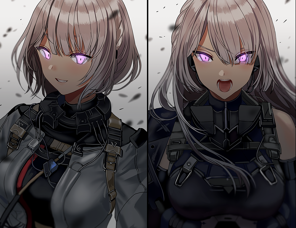 2girls ak-15_(girls_frontline) bangs bare_shoulders braid commission english_commentary girls_frontline glowing glowing_eyes grin long_hair looking_at_viewer mask_around_neck multiple_girls open_mouth pink_eyes rpk-16_(girls_frontline) short_hair silence_girl silver_hair smile split_screen strap tactical_clothes upper_body