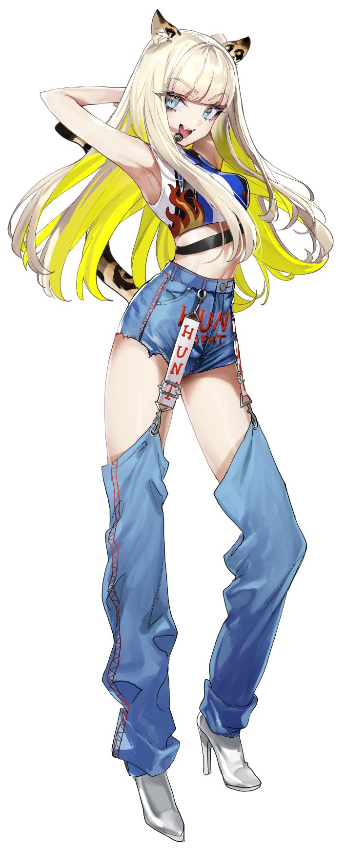 1girl animal_ears arms_up bangs blue_eyes blunt_bangs breasts chaps cheetah_ears cheetah_tail clothes_writing crop_top denim denim_shorts eyebrows_visible_through_hair fang headset high_heels highres long_hair medium_breasts nekometaru open_mouth original shorts simple_background sleeveless solo tail thick_eyebrows white_background white_footwear