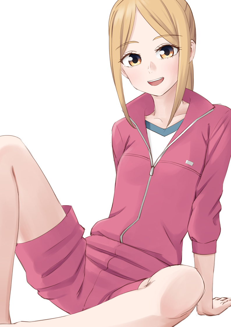 1girl :d blonde_hair brown_eyes easy_(aqk7bdqt) eripiyo feet_out_of_frame jacket knee_up long_hair looking_at_viewer open_mouth oshi_ga_budoukan_itte_kuretara_shinu red_jacket simple_background sitting smile solo track_suit white_background