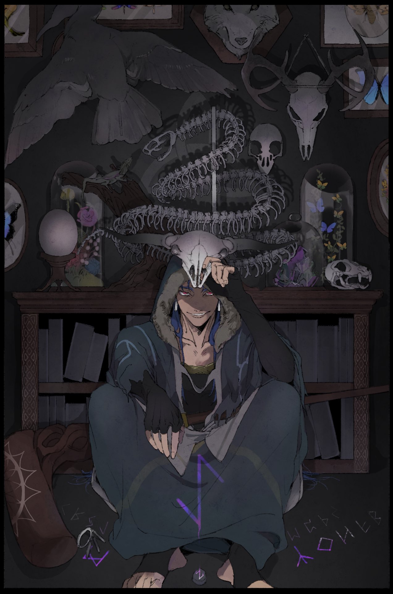 1boy animal_skull bird black_gloves blue_hair bone bug butterfly capelet cu_chulainn_(fate)_(all) cu_chulainn_(fate/grand_order) earrings fate/grand_order fate_(series) fingerless_gloves fur-trimmed_hood fur_trim gloves grin highres hood hood_up hooded_capelet horns insect jewelry lizard long_hair looking_at_viewer maimai2012ire runes skull smile snake solo staff toes type-moon
