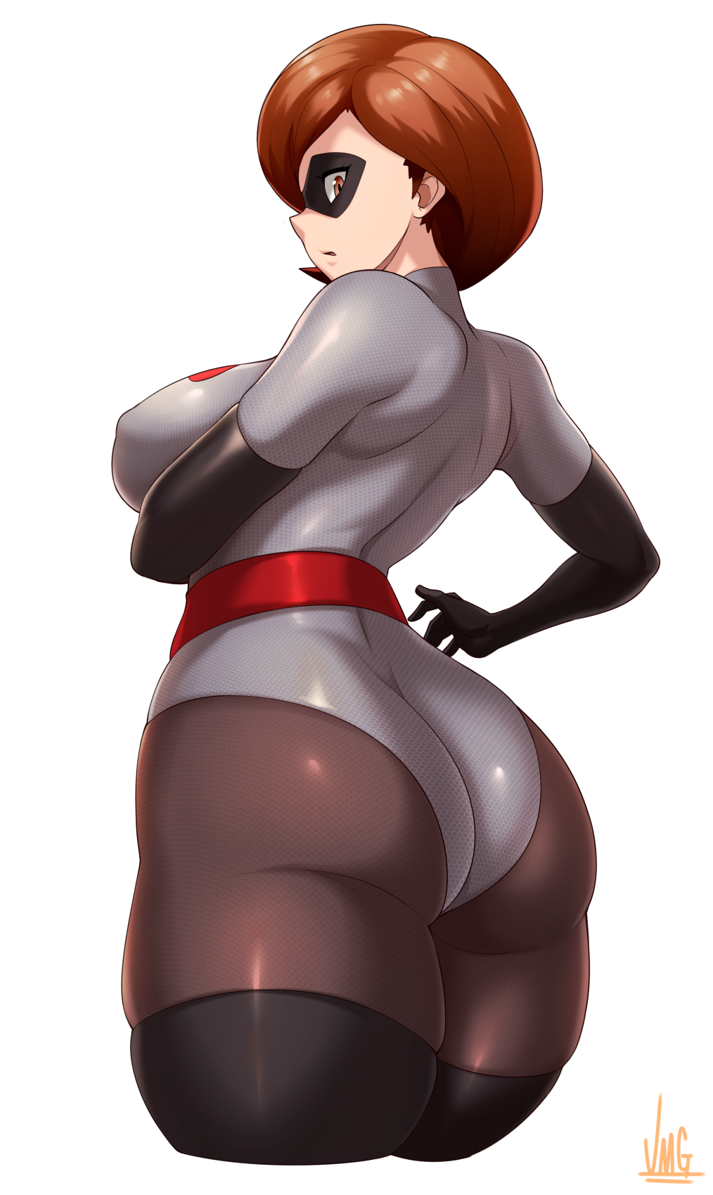 1girl ass black_legwear bodysuit breasts brown_hair elastigirl from_behind helen_parr highres jmg large_breasts short_hair simple_background skindentation solo the_incredibles thick_thighs thigh-highs thighs white_background