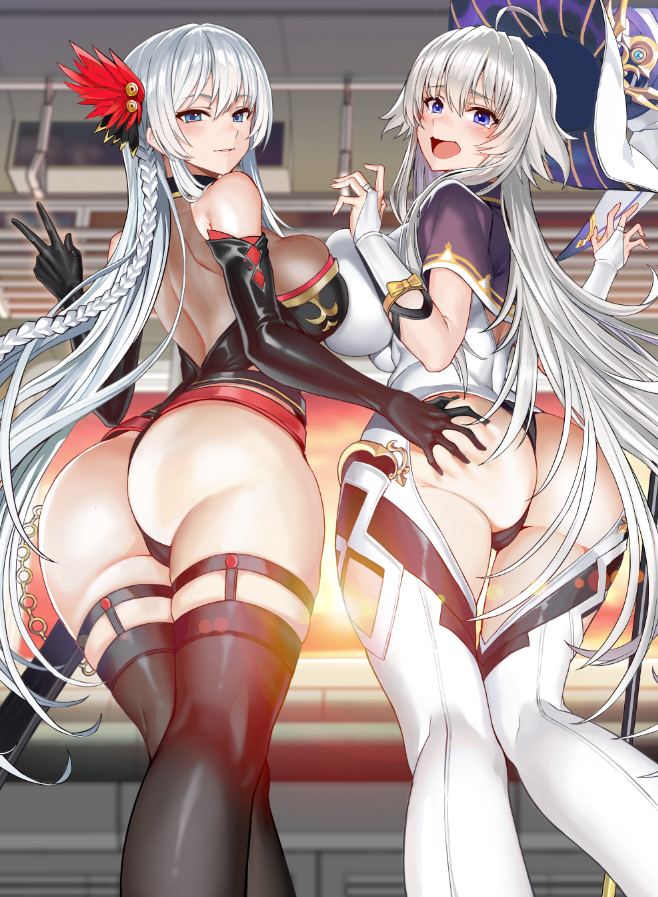 2girls ass ass_grab boots breasts from_behind garter_straps green_eyes hat highleg large_breasts long_hair looking_at_viewer looking_back mage magician multiple_girls original silver_hair source_request staff sunset sword taesi thigh-highs thigh_boots train_interior v weapon white_hair wizard wizard_hat