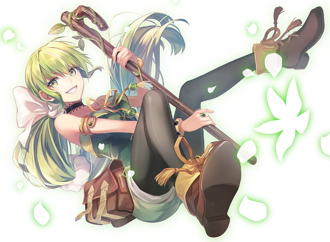 1girl bare_shoulders black_legwear bow breasts choker commentary_request green_eyes green_hair hair_ribbon itsuya_(daystar) legwear_under_shorts long_hair looking_at_viewer multi-tied_hair open_mouth pantyhose ponytail ribbon saga saga_frontier_2 shorts smile solo staff very_long_hair virginia_knights weapon