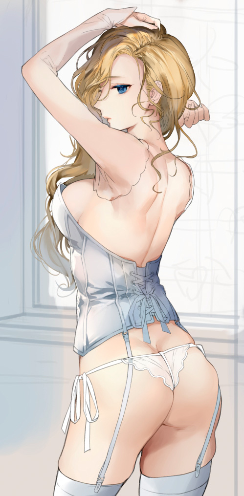 1girl arm_up ass azur_lane back bangs bare_shoulders blonde_hair blue_eyes blush breasts bustier butt_crack cowboy_shot garter_straps hair_over_shoulder hood_(azur_lane) kaguyuzu large_breasts long_hair looking_at_viewer panties parted_lips shoulder_blades side-tie_panties solo thigh-highs thighs underwear wavy_hair white_bustier white_panties work_in_progress