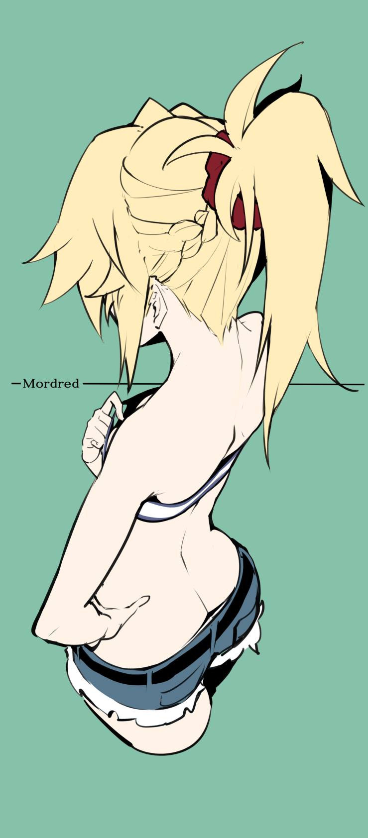 1girl ass bare_back blonde_hair braid breasts character_name cropped_legs facing_away fate/apocrypha fate_(series) french_braid from_above hand_on_hip highres looking_down mordred_(fate) mordred_(fate)_(all) ponytail red_scrunchie scrunchie shoulder_blades shoulders small_breasts solo takatun223 top_pull