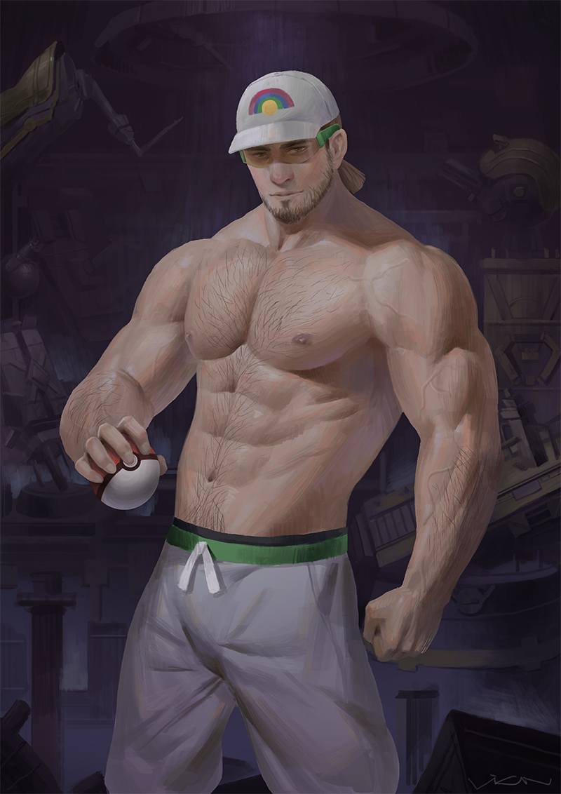 1boy abs bara bare_chest baseball_cap beard black_hair boxers chest chest_hair facial_hair hat kukui_(pokemon) male_focus manly muscle navel nipples pants poke_ball pokemon pokemon_(anime) pokemon_(game) pokemon_sm shirtless short_hair solo sunglasses thick_thighs thighs track_pants underwear veins vian