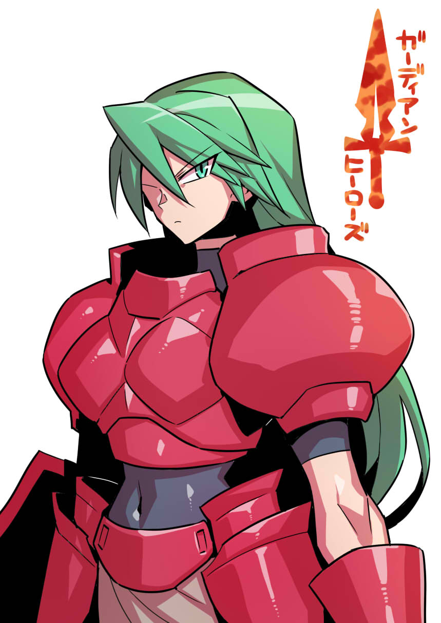 1girl armor bodysuit breasts closed_mouth commentary_request gloves green_eyes green_hair guardian_heroes highres knight long_hair looking_at_viewer serena_corsair simple_background solo tukiwani weapon white_background