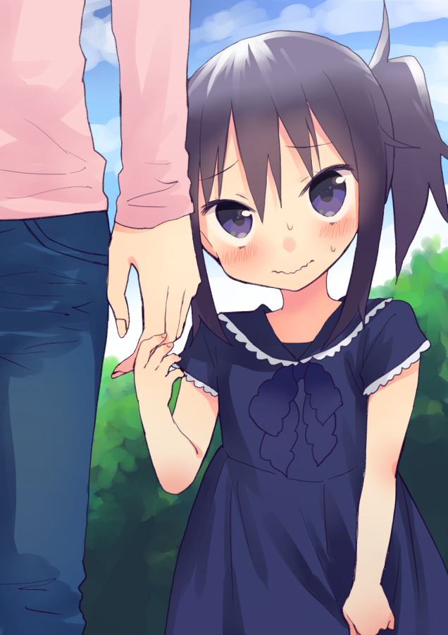 1girl bangs black_hair blue_dress blush child clouds denim dress eyebrows_visible_through_hair fingernails hair_between_eyes hijiki_(hijikini) himouto!_umaru-chan jeans motoba_kirie outdoors pants pink_shirt shirt short_sleeves sidelocks sweatdrop tree violet_eyes wavy_mouth younger