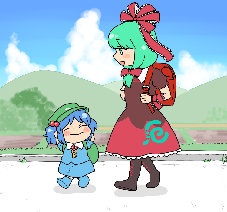 2girls arms_behind_head backpack bag black_footwear blue_hair blue_shirt blue_skirt blue_sky blush_stickers boots closed_eyes clouds cross-laced_footwear day flat_cap front_ponytail grass green_eyes green_hair hair_bobbles hair_ornament hair_ribbon hat kagiyama_hina kawashiro_nitori key knee_boots koyama_shigeru mountain multiple_girls outdoors puffy_short_sleeves puffy_sleeves randoseru red_shirt red_skirt ribbon rice_paddy road shadow shirt short_sleeves skirt sky smile touhou two_side_up walking wrist_ribbon