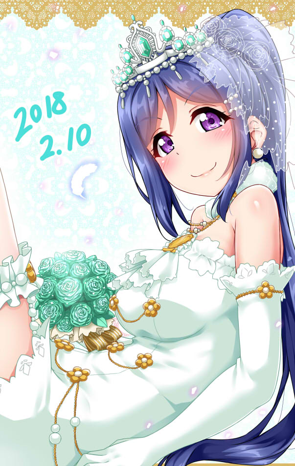 1girl bare_shoulders blue_hair blush bouquet closed_mouth crown dated dress earrings elbow_gloves feathers flower from_side gloves green_dress green_flower green_gloves green_rose jewelry long_hair looking_at_viewer looking_to_the_side love_live! love_live!_sunshine!! matsuura_kanan ponytail reclining rose smile solo veil very_long_hair violet_eyes yopparai_oni