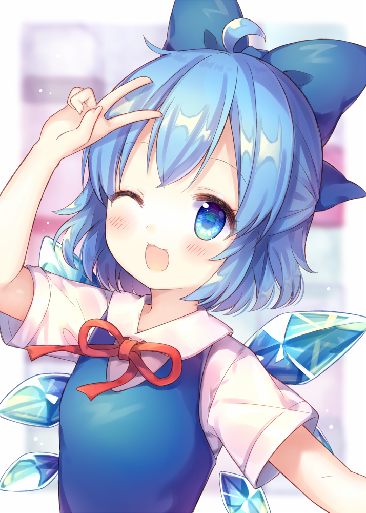 1girl :3 ahoge arm_up blue_bow blue_dress blue_hair blue_wings blurry blurry_background blush bow cirno commentary_request depth_of_field detached_sleeves detached_wings dress hair_bow ice ice_wings long_hair one_eye_closed open_mouth pjrmhm_coa red_neckwear shirt short_hair short_sleeves sleeveless sleeveless_dress smile solo touhou upper_body very_long_hair white_shirt wings