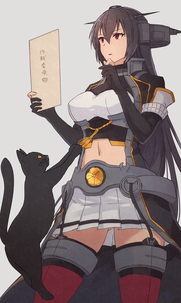 1girl 1other animal black_coat black_gloves black_hair cat coat cowboy_shot elbow_gloves eyebrows_visible_through_hair gloves grey_eyes hair_between_eyes headgear holding holding_paper kantai_collection kasumi_(skchkko) long_coat long_hair nagato_(kantai_collection) navel paper parted_lips partly_fingerless_gloves pleated_skirt red_eyes red_legwear remodel_(kantai_collection) simple_background skirt thigh-highs translation_request white_skirt