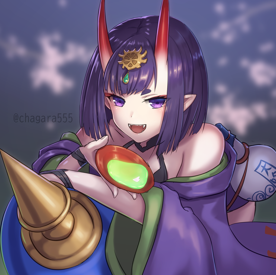 1girl alcohol bangs bare_shoulders blush bob_cut bottle breasts bridal_gauntlets chagara collarbone cup eyeliner fangs fate/grand_order fate_(series) gourd headpiece horns japanese_clothes kimono long_sleeves looking_at_viewer makeup off_shoulder oni oni_horns open_mouth pointy_ears purple_hair purple_kimono revealing_clothes sakazuki sake short_hair shuten_douji_(fate/grand_order) skin-covered_horns small_breasts smile violet_eyes wide_sleeves