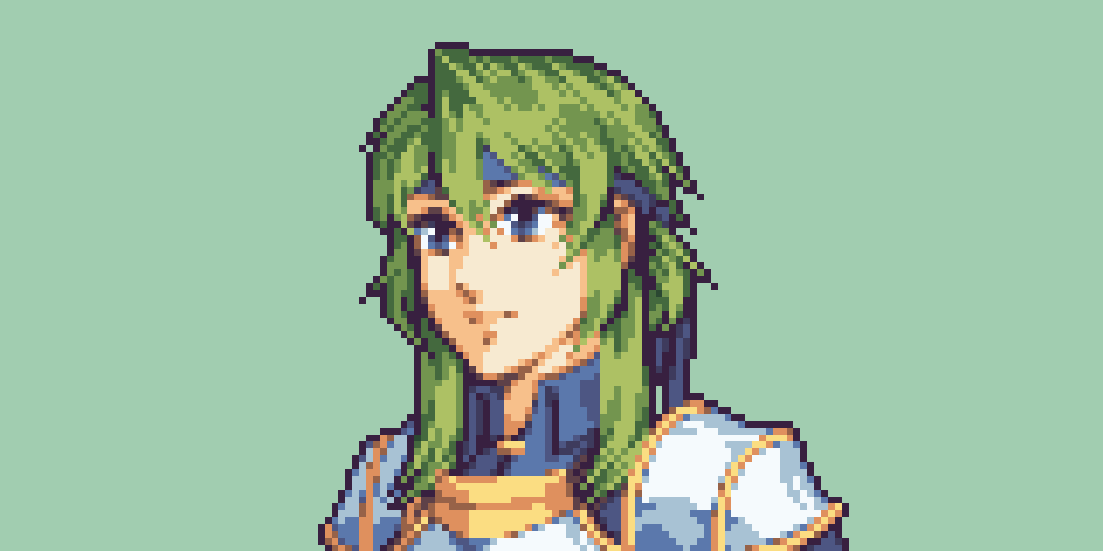 1girl armor bangs blue_eyes buskhusker close-up closed_mouth face fire_emblem green_background green_hair hair_between_eyes headband highres looking_to_the_side original pixel_art portrait simple_background solo