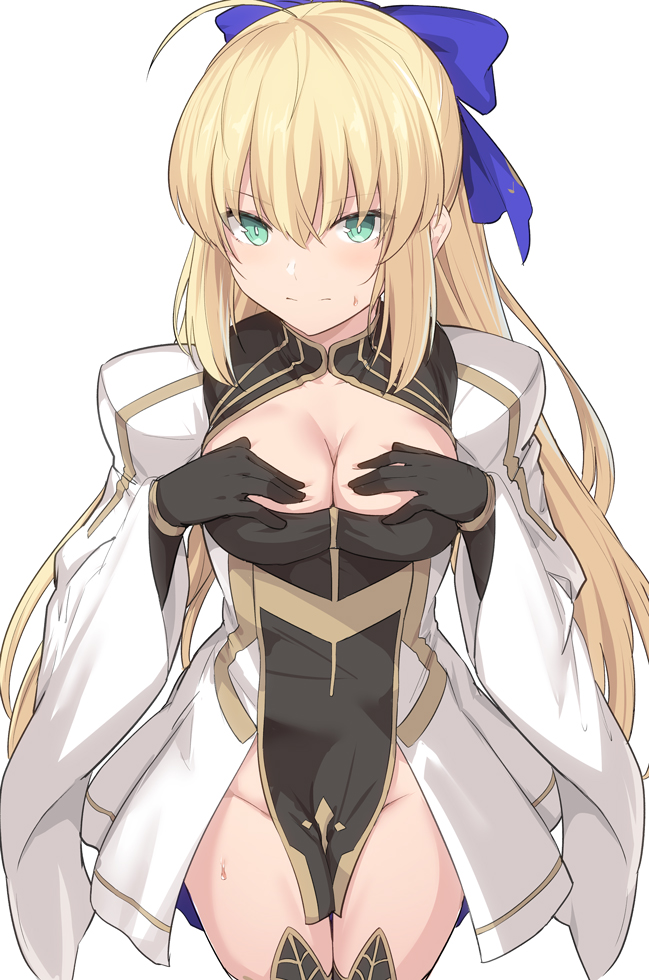 1girl ahoge artoria_pendragon_(all) artoria_pendragon_(caster) bangs black_gloves blonde_hair blue_bow blush bow breasts closed_mouth dress fate/grand_order fate_(series) gloves green_eyes hair_bow hands_on_own_chest juliet_sleeves large_breasts long_hair long_sleeves looking_at_viewer pelvic_curtain puffy_sleeves shiseki_hirame sidelocks simple_background thighs white_background white_dress wide_sleeves