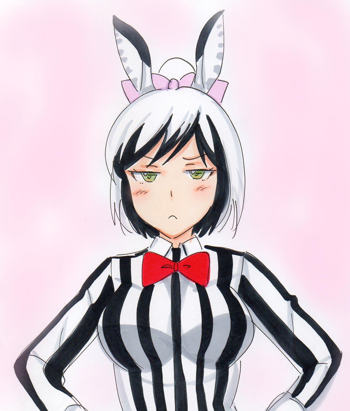 1girl :c animal_ears animal_print black_hair blush bow bowtie breasts closed_mouth commentary_request green_eyes hair_bow highres large_breasts looking_at_viewer marker_(medium) mashima_chloe millipen_(medium) multicolored_hair murenase!_shiiton_gakuen parody potekite red_neckwear shirt short_hair solo striped striped_shirt traditional_media two-tone_hair upper_body vertical-striped_shirt vertical_stripes white_hair zebra_ears zebra_print