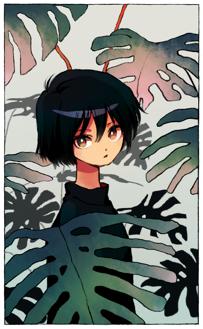 1girl black_hair black_shirt border bright_pupils brown_eyes from_side grey_background highres ka_(marukogedago) leaf looking_at_viewer looking_to_the_side original parted_lips shirt short_hair solo upper_body white_border white_pupils