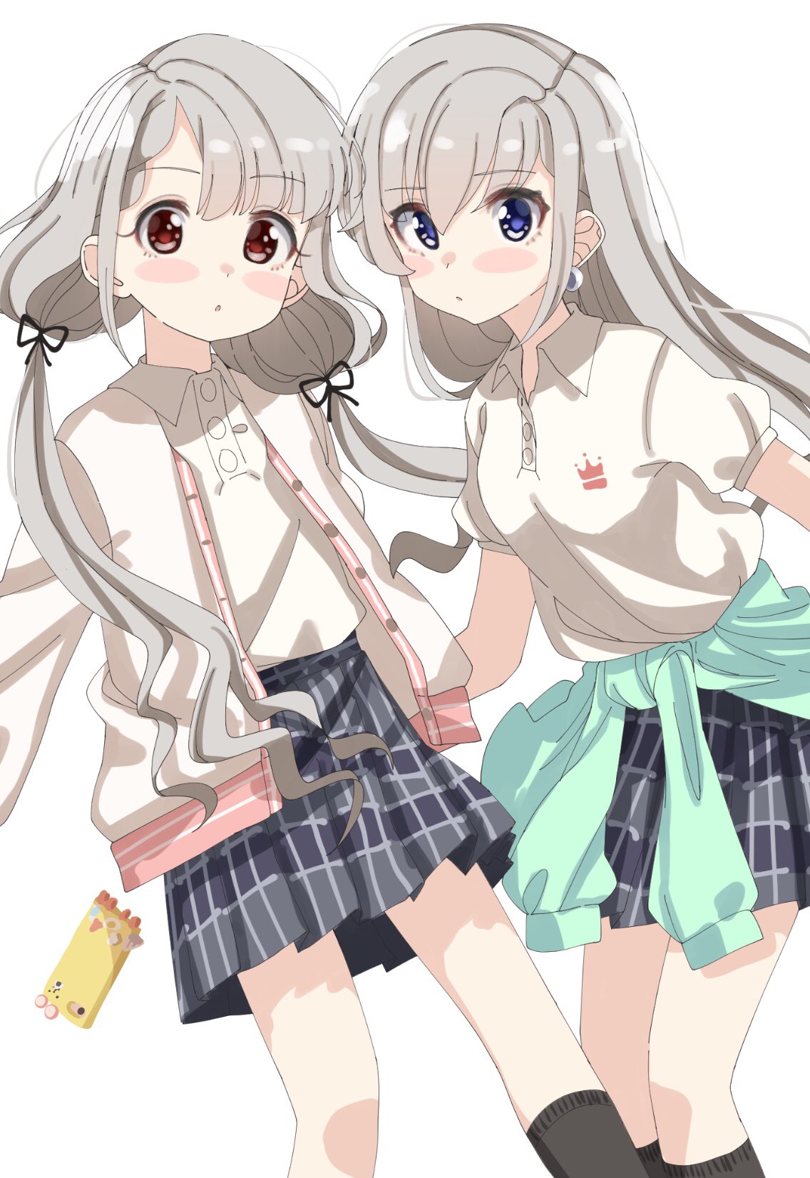 2girls bangs black_ribbon blue_eyes blush_stickers braid braided_bangs brown_eyes cellphone closed_mouth clothes_around_waist collared_shirt commentary_request earrings eyebrows_visible_through_hair grey_hair grey_skirt hair_between_eyes hair_ribbon highres hisakawa_hayate hisakawa_nagi idolmaster idolmaster_cinderella_girls idolmaster_cinderella_girls_starlight_stage jacket jewelry long_hair looking_at_viewer low_twintails multiple_girls open_clothes open_jacket parted_lips phone plaid plaid_skirt pleated_skirt puffy_short_sleeves puffy_sleeves ribbon shirt shiwa_(siwaa0419) short_sleeves siblings simple_background sisters skirt twins twintails very_long_hair white_background white_jacket white_shirt